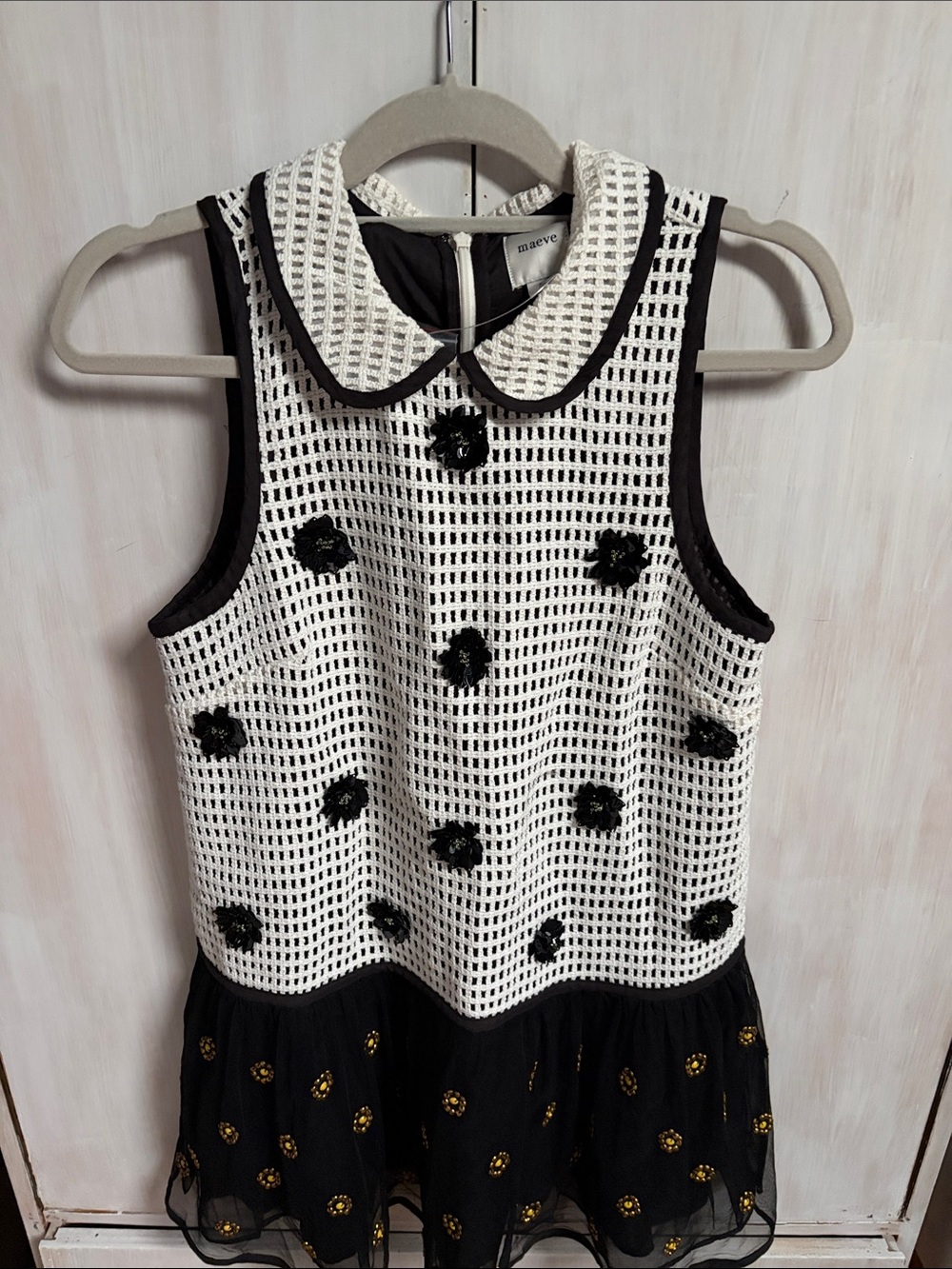 Maeve Black and White Sleeveless Mesh Dress with Gold Accents